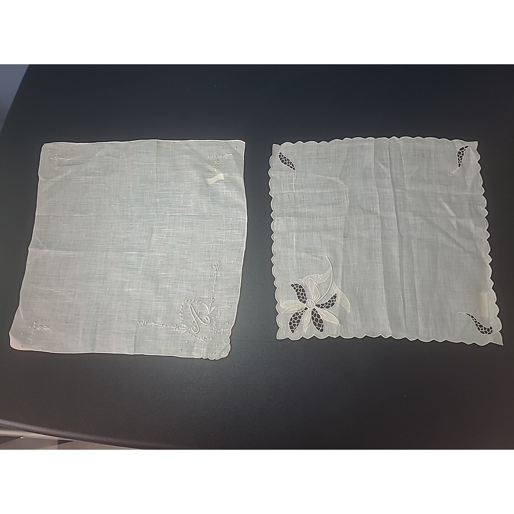 Lot of  2 Antique Madeira embrydered Handkerchief flower linen Portugal Franshaw